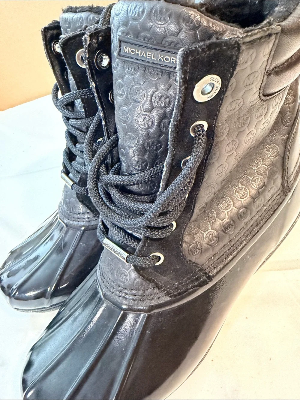 Michael Kors Black Quilted Logo Duck Boots